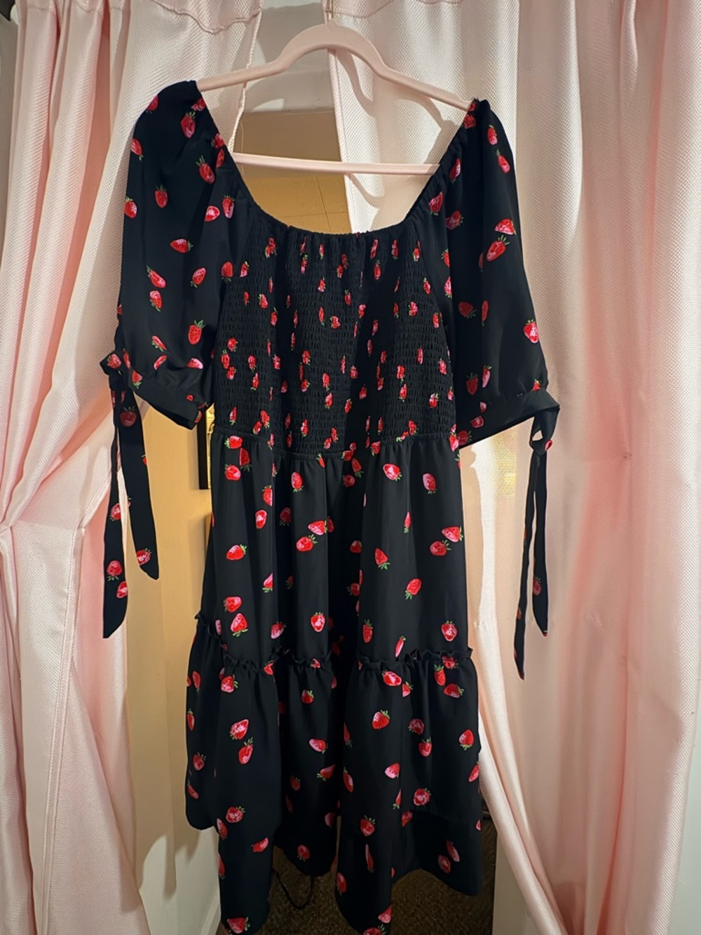Black Strawberry Print Midi Dress - Smocked Bodice